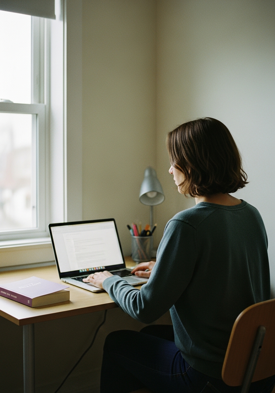 A woman sits from behind at a small desk with her hands resting flat beside an open laptop, a purple-spined paperback lying closed at the desk's edge, in flat overcast afternoon light.